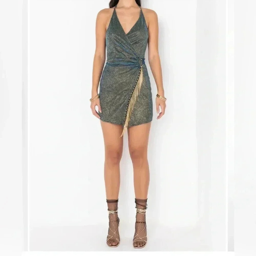 AKIRA “YOU GOT IT WRAP FRONT MINI DRESS” - Blue multi small NWT - Picture 6 of 13